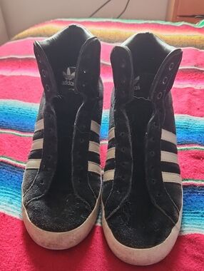 Vintage adidas Women’s Black Suede High-Top Sneakers with White Stripes